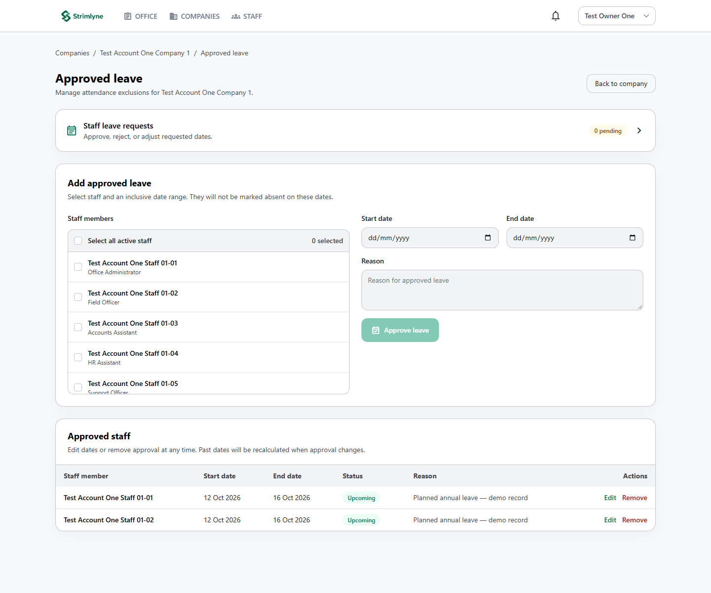 Actual approved leave screen with demo employees and approved leave date ranges