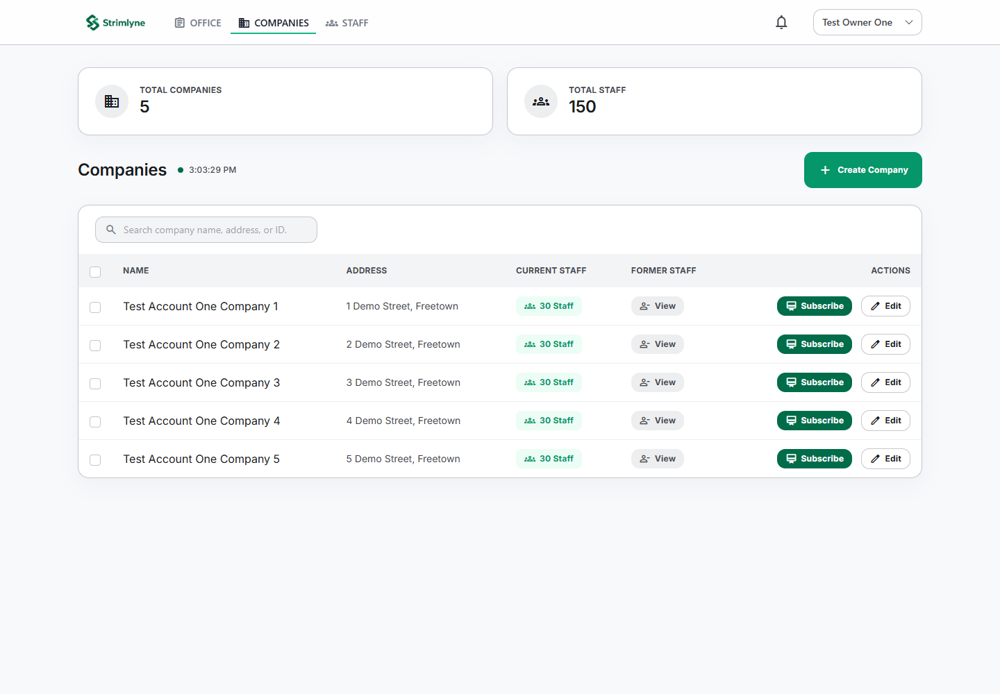 Actual Strimlyne demo account showing its company workspaces and management actions