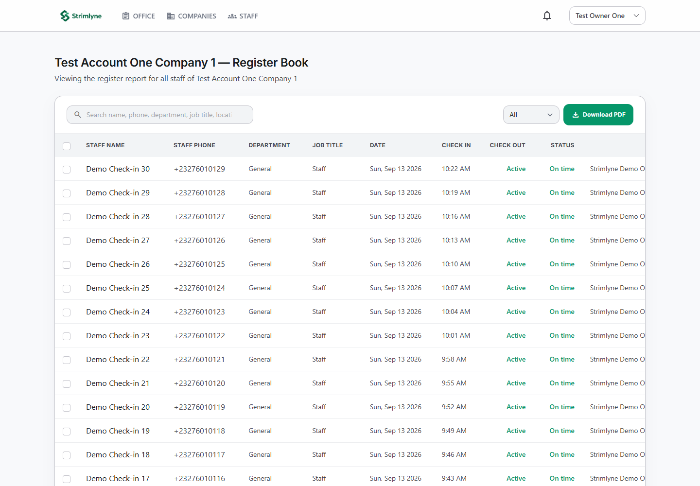 Actual Strimlyne register book with demo attendance records and Download PDF action