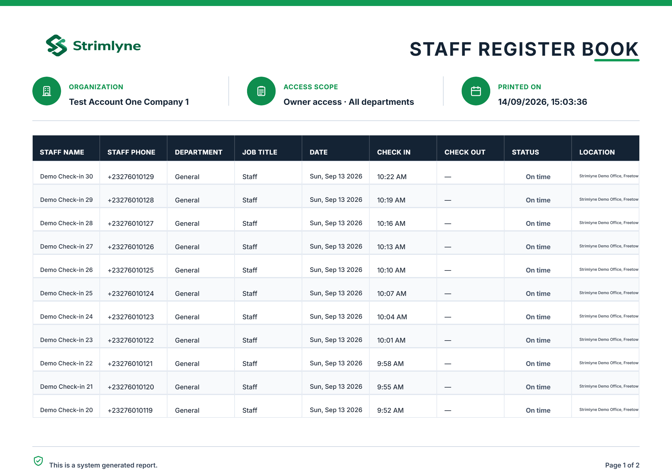 First page of the actual exported demo attendance register PDF with report heading and staff attendance table