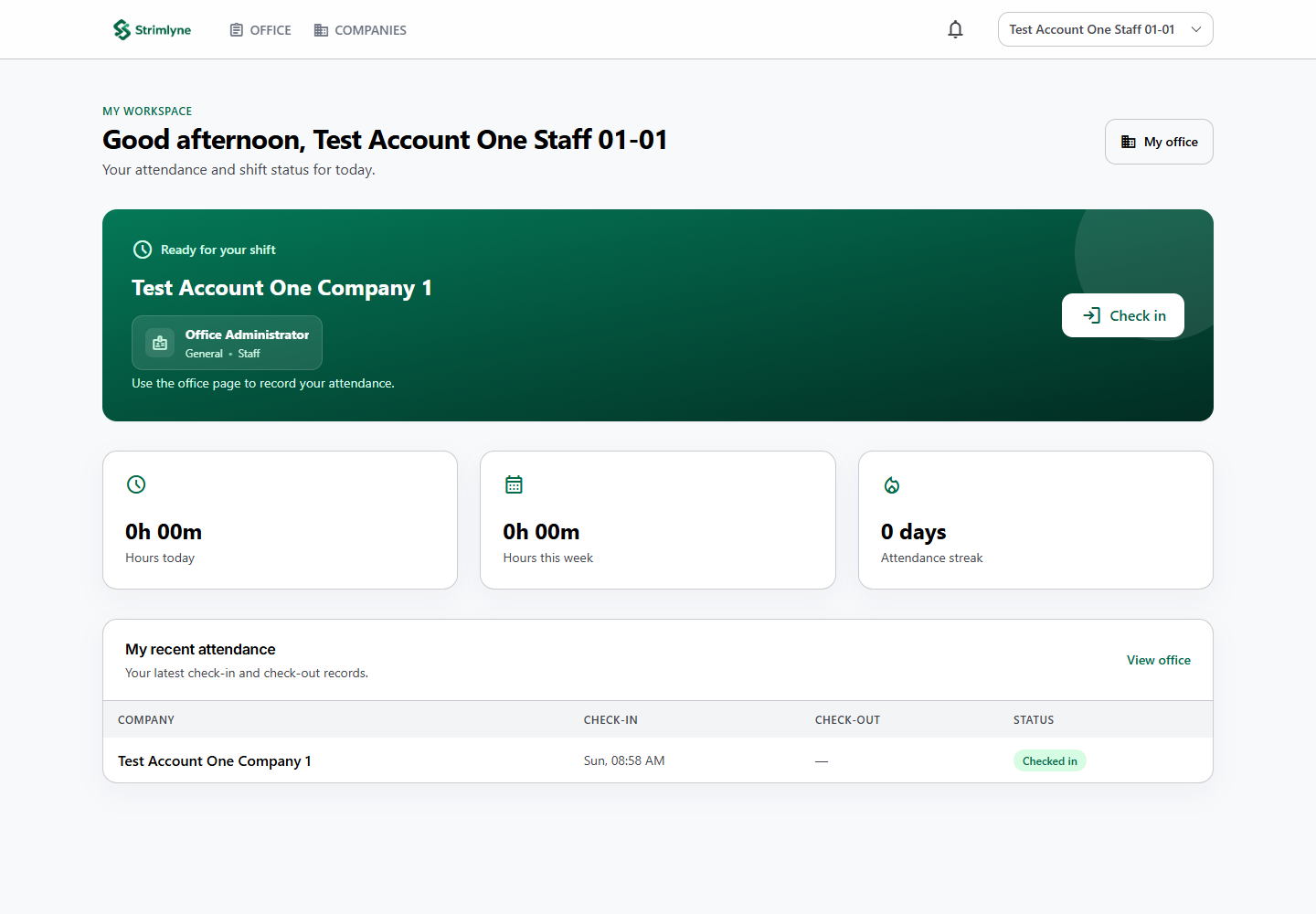Strimlyne staff dashboard captured using an actual seeded demo staff account
