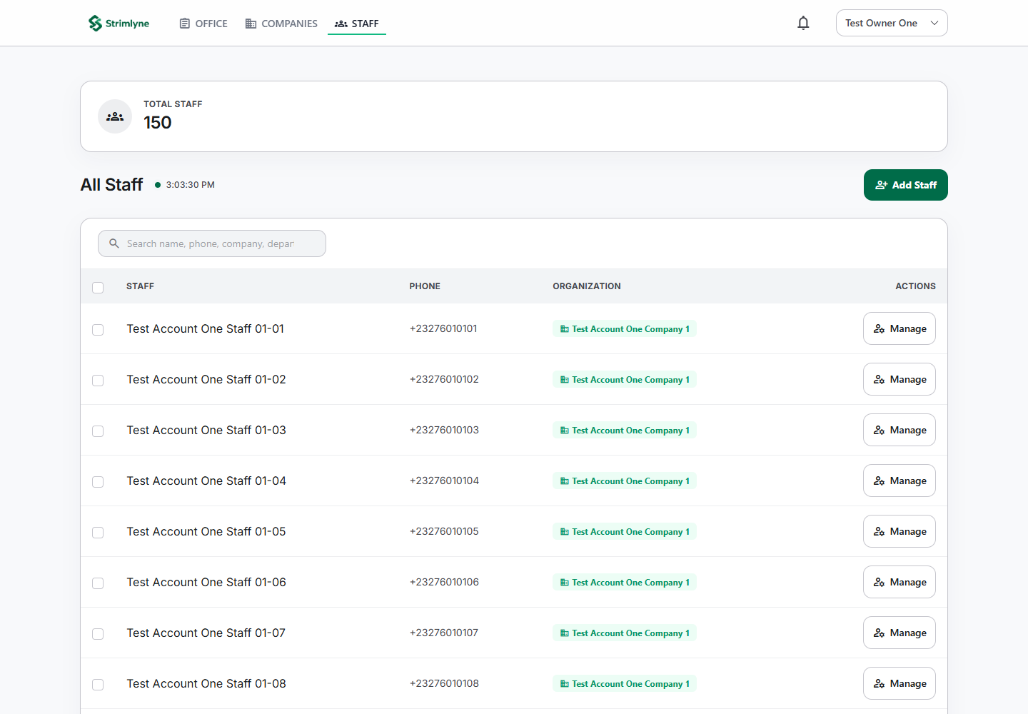Strimlyne staff directory displaying seeded demo employees and their company memberships