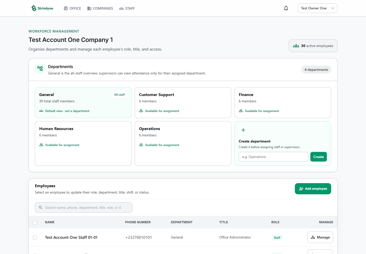 Actual demo company workforce management screen showing departments and employee management